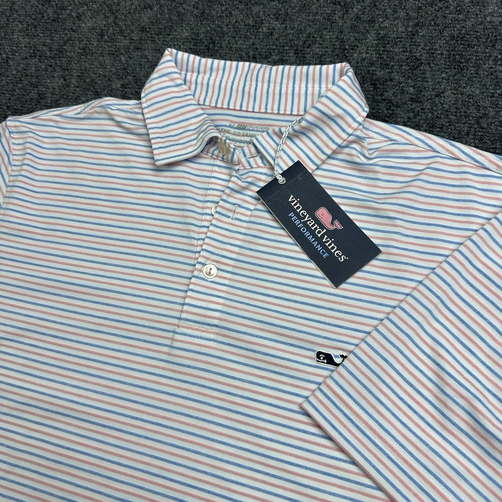 Vineyard Vines OTG Sankaty Polo Shirt Mens M Blue Stripe Golf Performance NEW